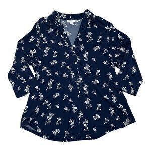 Charter Club Navy and White Floral Blouse - Size XXL